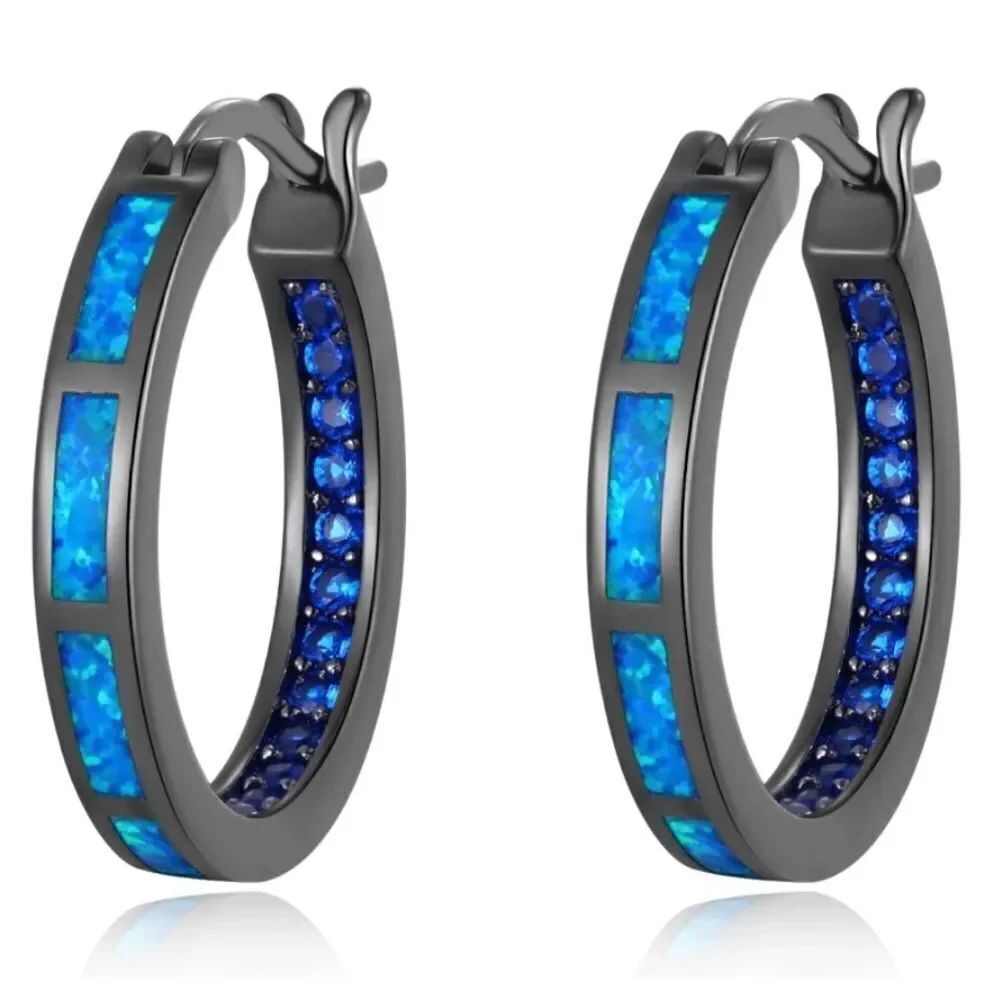 14K Black Gold with Genuine Blue Fire Opal and Sapphire Blue CZ Hoop Earrings